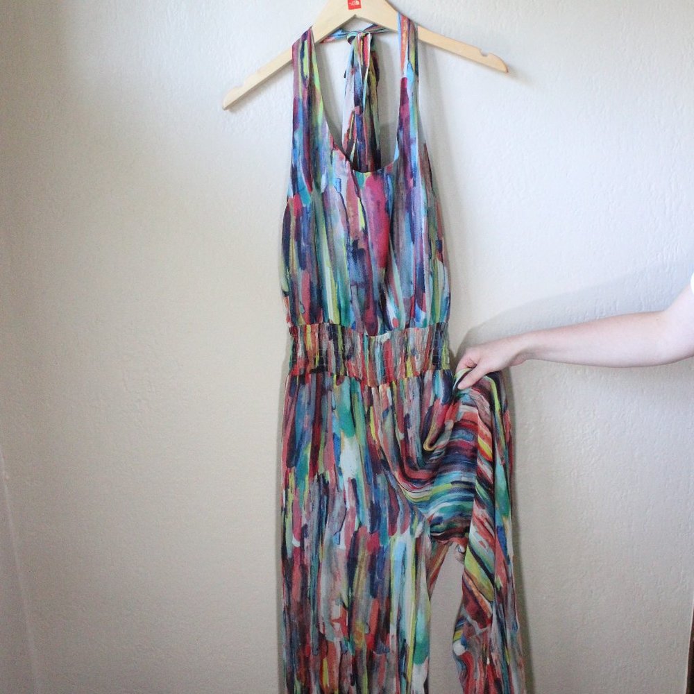 *SALE! 2/$22 or 3/$30* Multi-Color Tie Neck Jumpsuit Elastic Waist Women Size M
